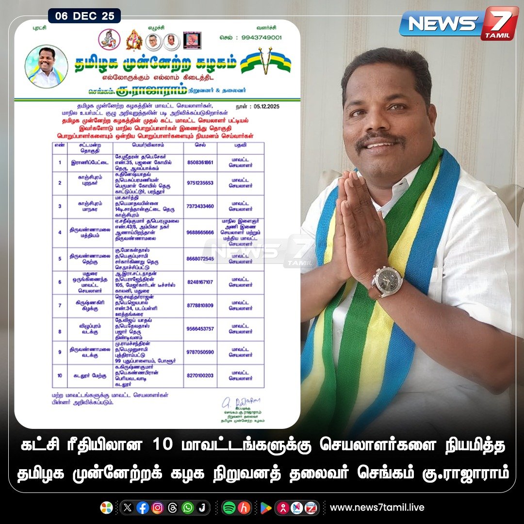 தமிழக முன்னேற்ற கழகத்தின் மாவட்ட நிர்வாகிகள் அறிவிப்பு